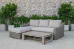 Three Piece Outdoor Gray Rattan Sectional Seating Group with Beige Cushions