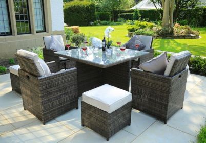 101" X 49" X 45" Brown 9 Piece Square Outdoor Dining Set With Beige Cushions