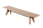 Modern Walnut Finish Dining Bench With Silky Black Metal Support Bar