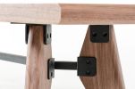 Modern Walnut Finish Dining Bench With Silky Black Metal Support Bar