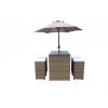 Six Piece Brown and White Faux Wicker Outdoor Bar Height Table Set with Umbrella and Stools