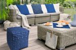 17" Blue and White Polyester Cube Geometric Outdoor Pouf Ottoman