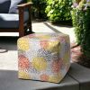 17" Yellow Gray and White Polyester Cube Floral Outdoor Pouf Ottoman