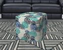 17" Blue Polyester Cube Floral Indoor Outdoor Pouf Ottoman