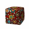 17" Red Polyester Cube Floral Indoor Outdoor Pouf Ottoman