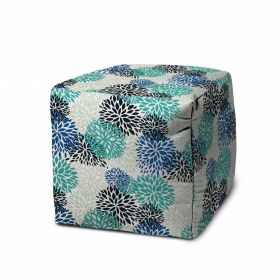 17" Blue Cube Floral Indoor Outdoor Pouf Cover