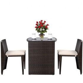 3 Piece Compact Espresso/White Wicker Patio Cushioned Outdoor Chair Table Set