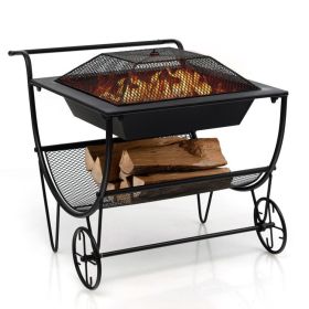 Portable Outdoor Wheeled Log Storage Rack and Wood Burning Fire Pit