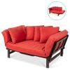 Rustic Red Outdoor Acacia Wood Convertible Sofa Futon with 4 Removable Pillows