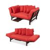 Rustic Red Outdoor Acacia Wood Convertible Sofa Futon with 4 Removable Pillows