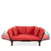 Rustic Red Outdoor Acacia Wood Convertible Sofa Futon with 4 Removable Pillows