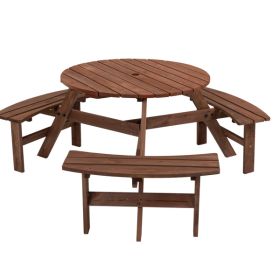 6-Person Outdoor Circular Wooden Picnic Table with 3 Built-in Benches for Patio Backyard Garden, Brown