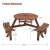 6-Person Outdoor Circular Wooden Picnic Table with 3 Built-in Benches for Patio Backyard Garden, Brown